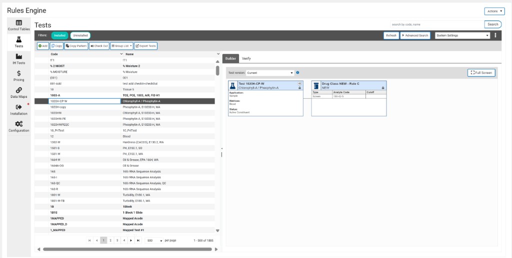 Clinisys Rules Engine, Test Generation: tests list with Builder canvas linking test metadata to rule configuration